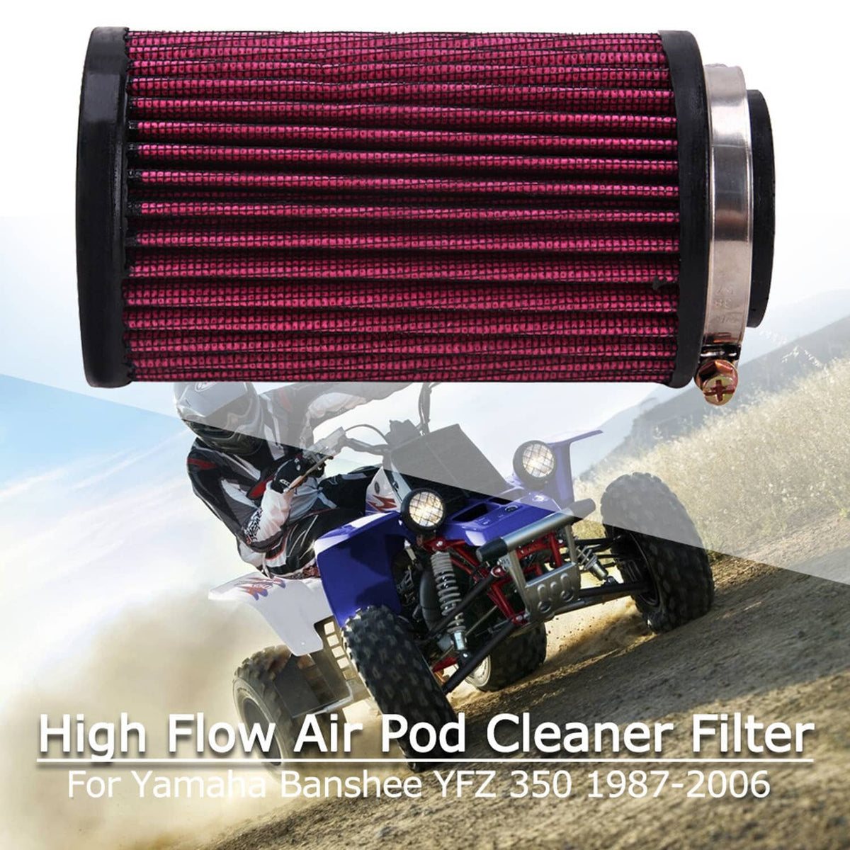 Red mesh air pod filter mounted upright with black end cap and side hardware