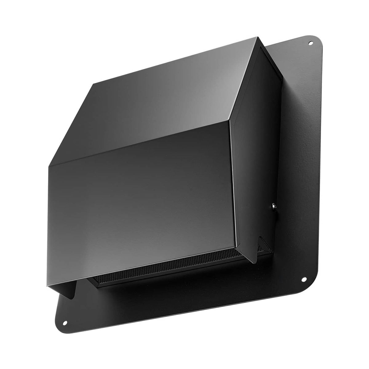 Black hooded wall vent cover with front louver and side outlet panel