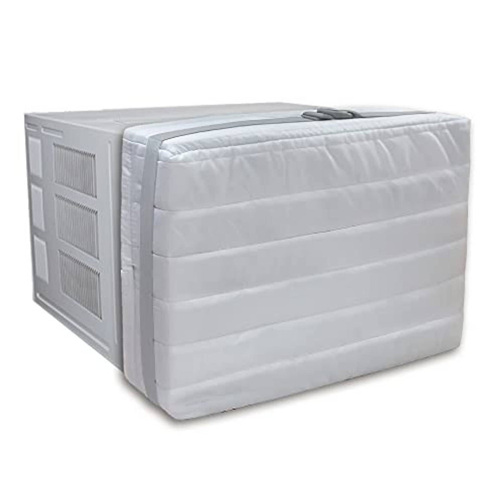 Window AC interior cover, padded white fabric with handle strap on top