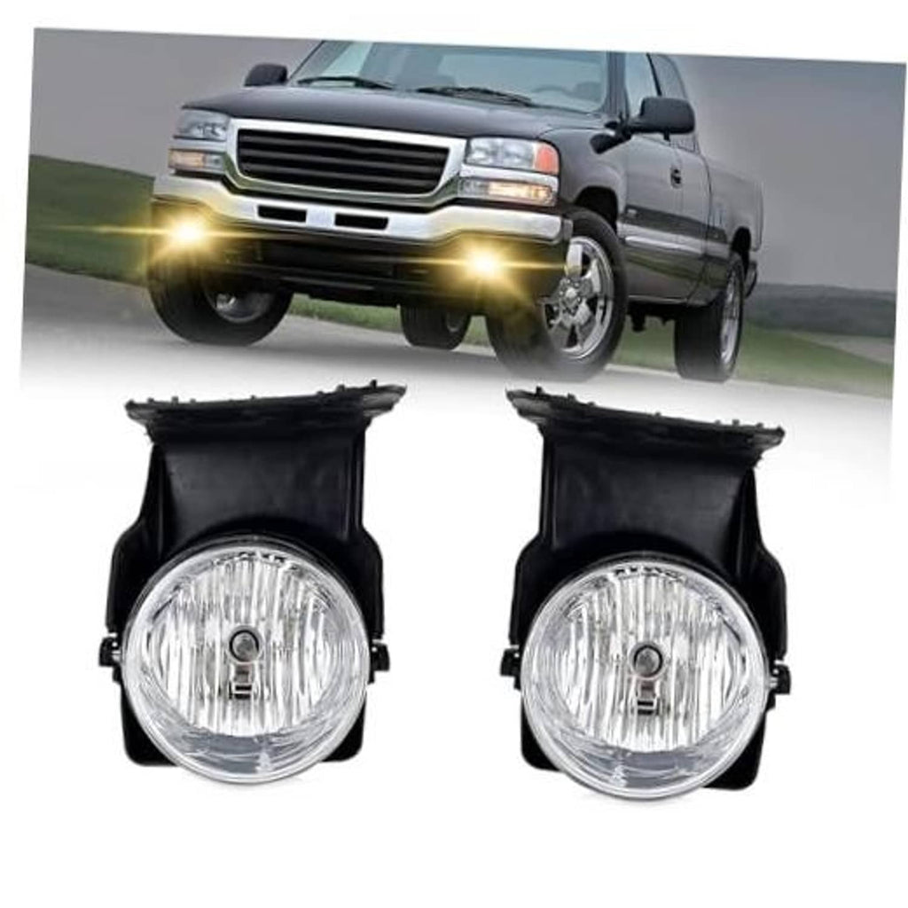 Pair of round fog lights with black housings and clear lenses