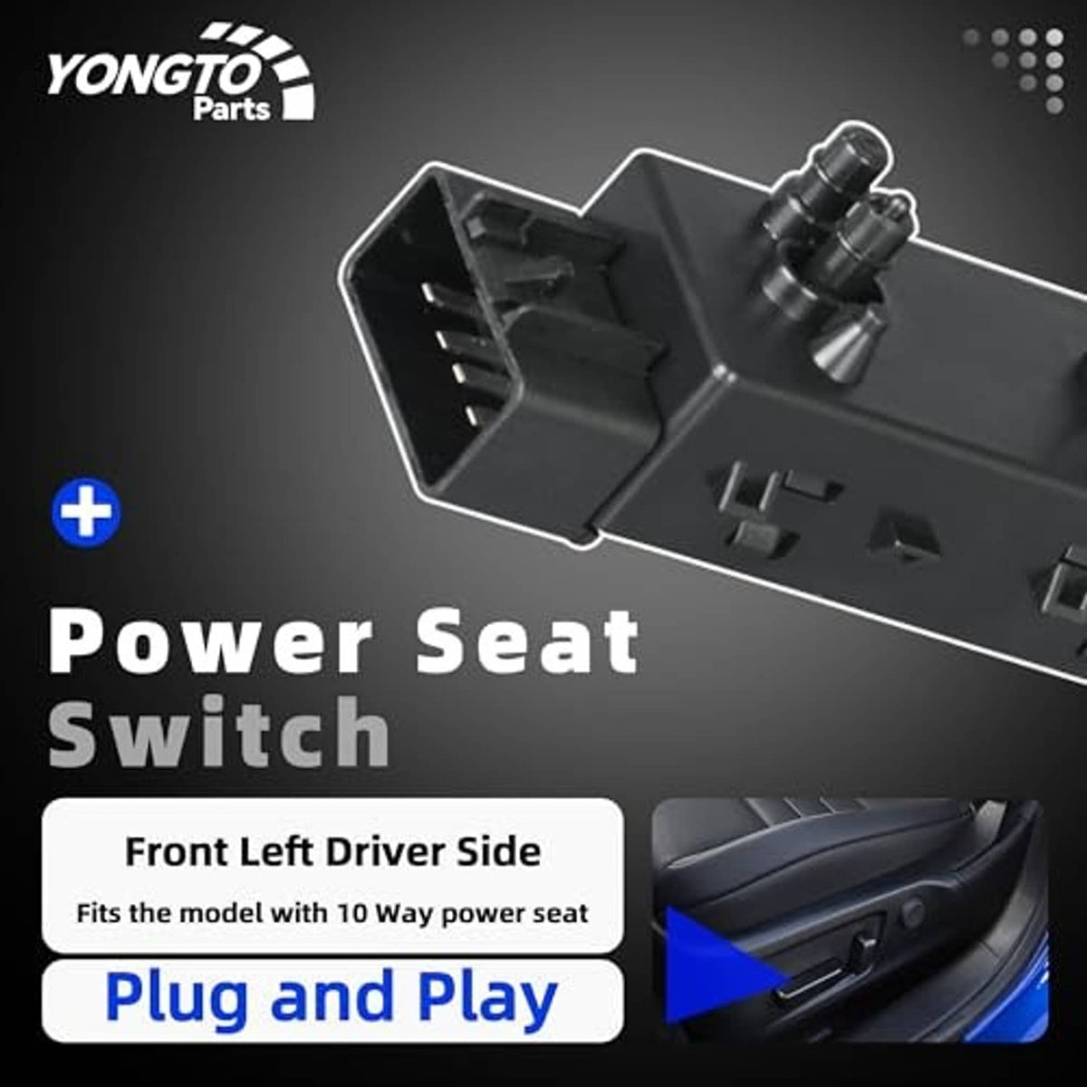Power seat switch device with black control panel and exposed multi-pin ports