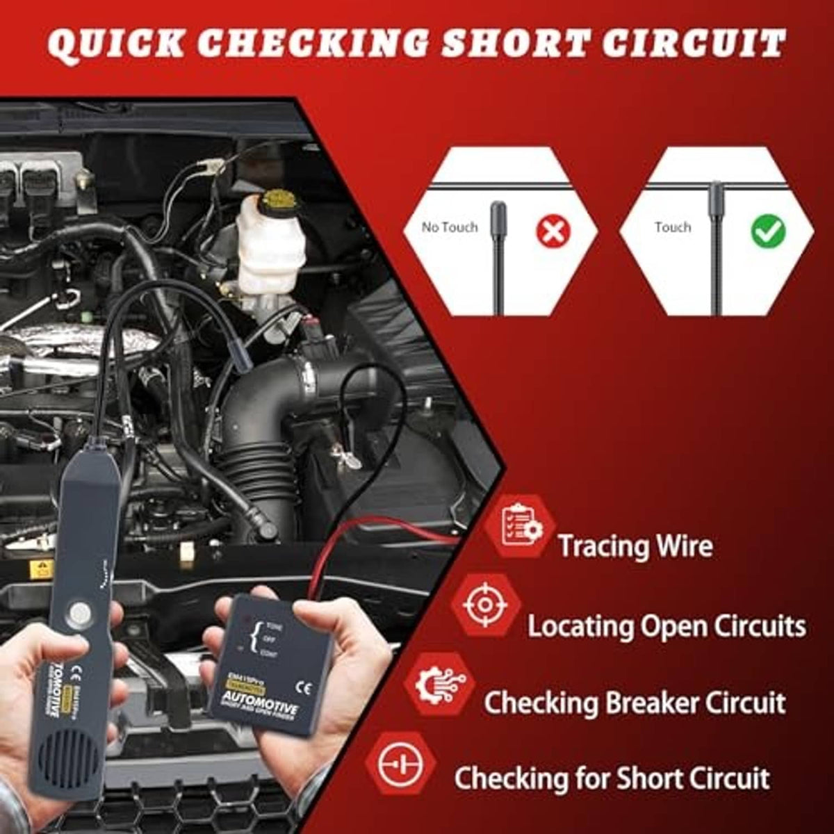 Automotive circuit tester handheld unit with red/black test leads for open/short checking