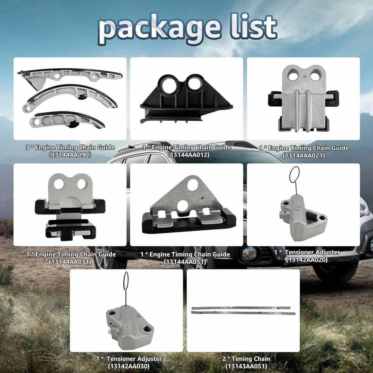 Timing chain kit package components: chain guides, tensioners, adjuster, and rails