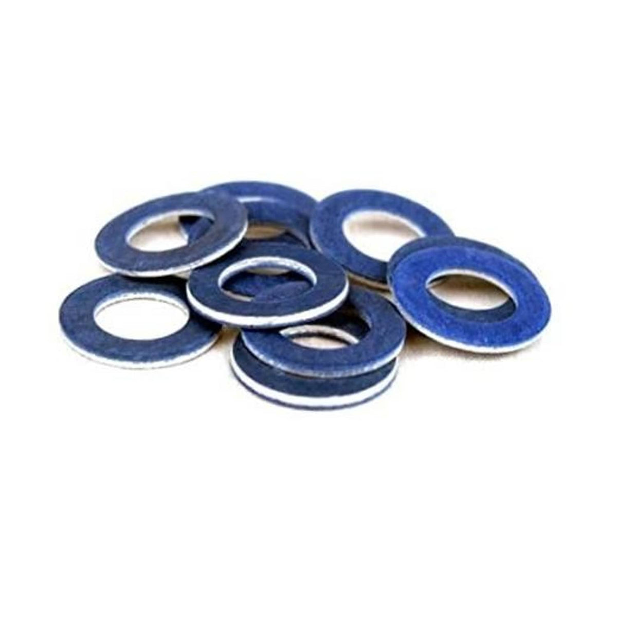 Blue oil drain plug gaskets, stacked with round center holes