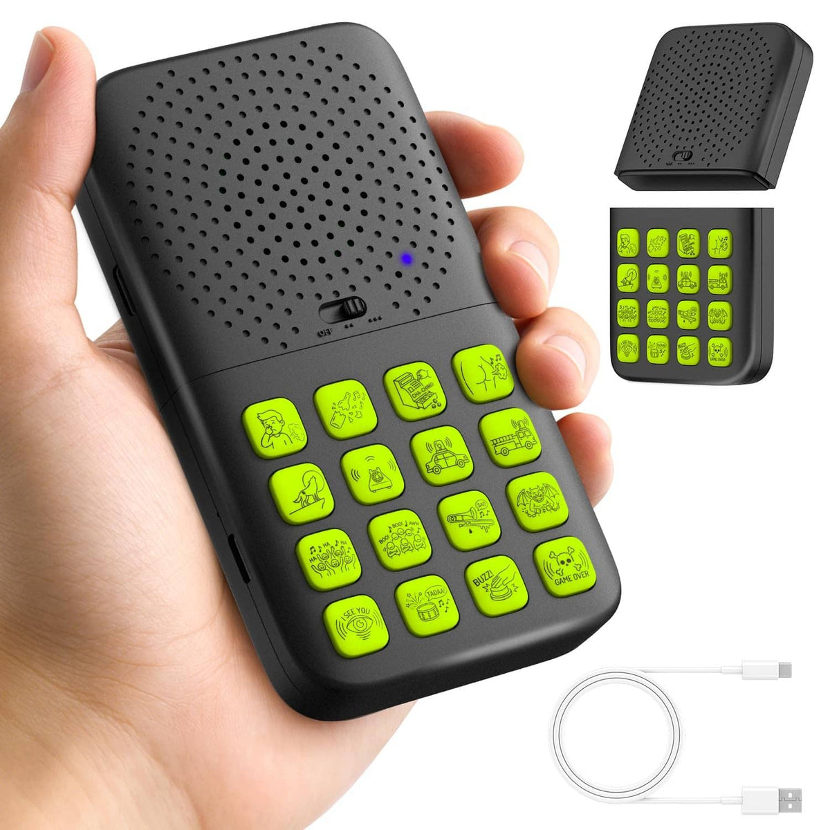 Black handheld sound effects machine with green illuminated button keypad and speaker top