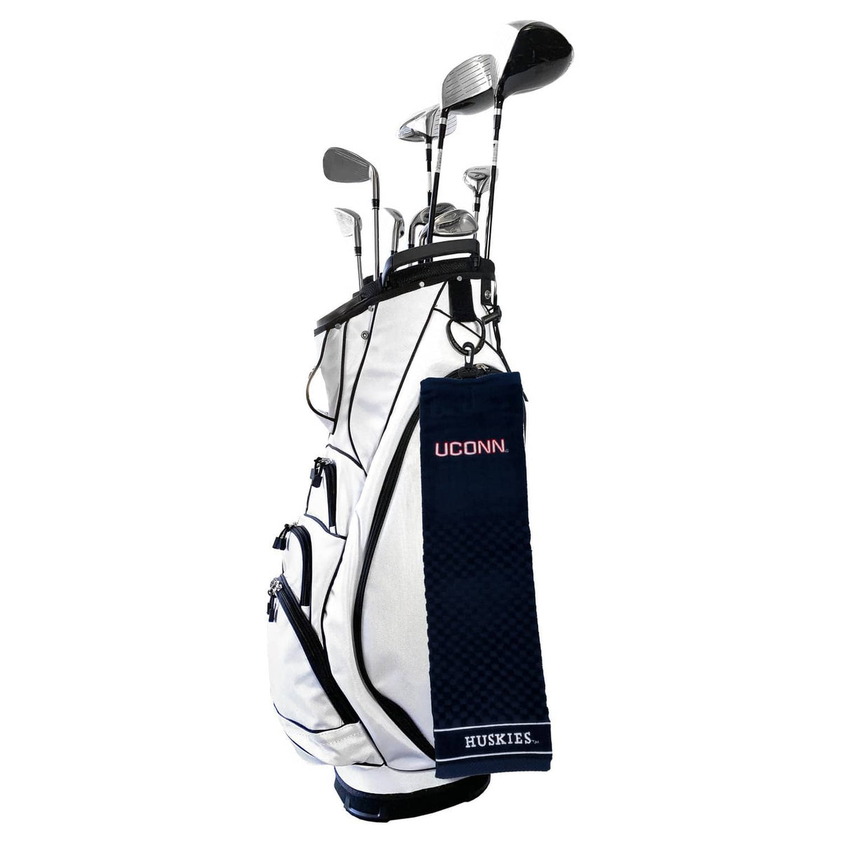 Embroidered golf towel on golf bag with UCONN lettering and HUSKIES trim