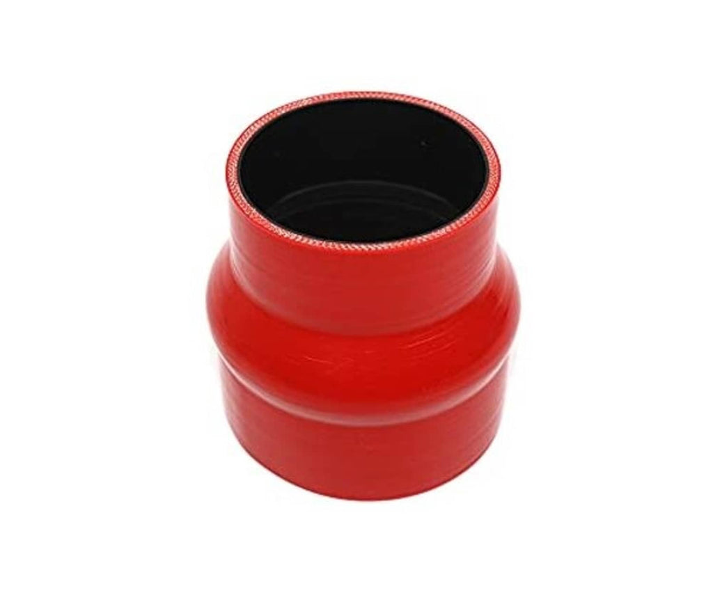 Red silicone reducer hose with black inner opening, top rim and curved shape