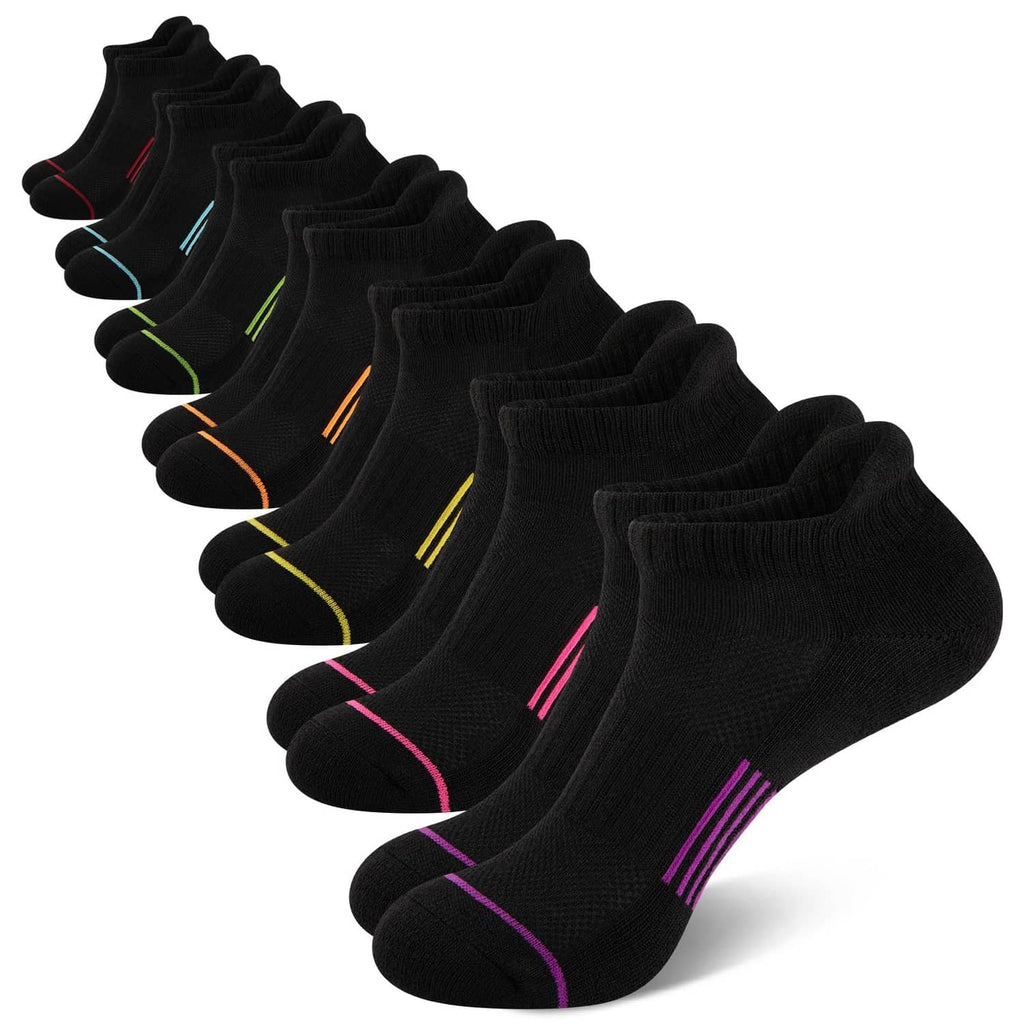 Set of black ankle socks with cushioned sole and colorful striped accents