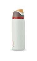 Insulated stainless steel water bottle with mint body and gray flip-top handle