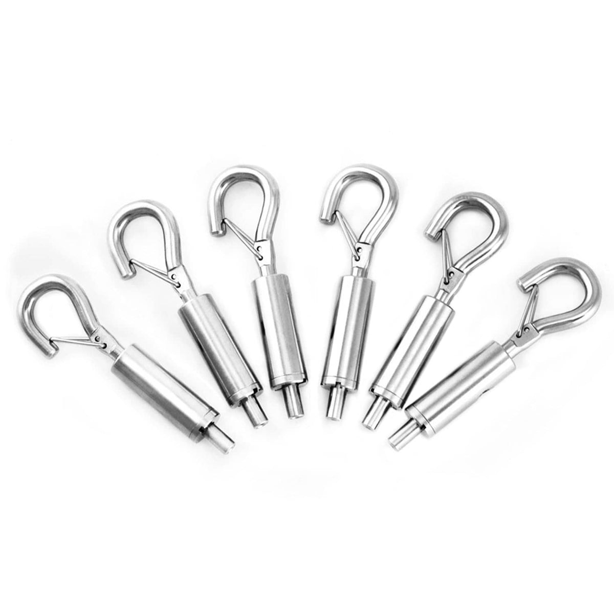 Pack of steel hook-and-eye wire rope hangers, multiple units with curved eyes and stems.