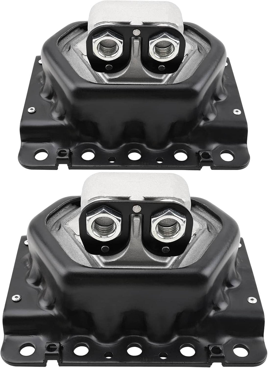 Pair of black engine mounts with silver top plates and four bolt holes each