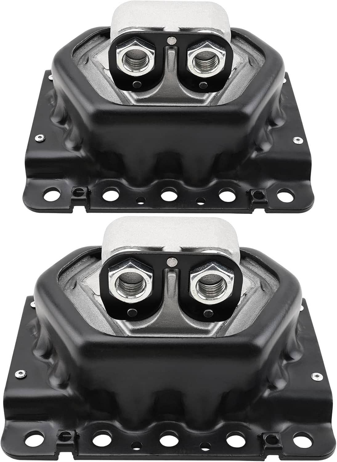 Pair of black engine mounts with silver top plates and four bolt holes each