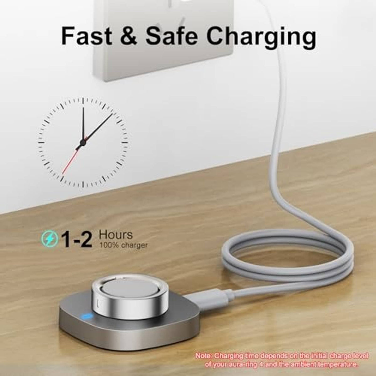 Charging dock base with blue LED and coiled gray USB-C cable on a desk
