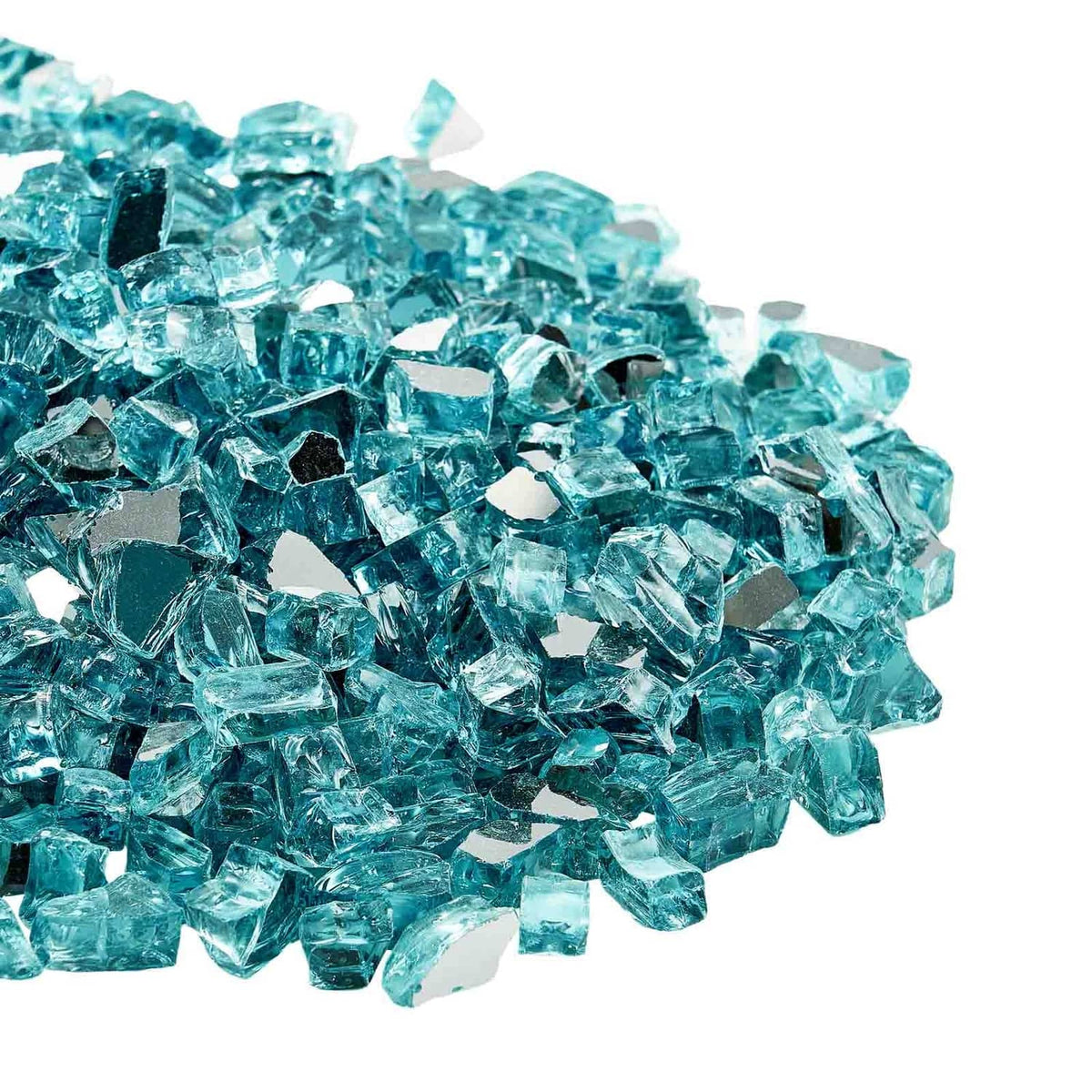 Close-up aqua blue crushed glass stones with sharp reflective facets