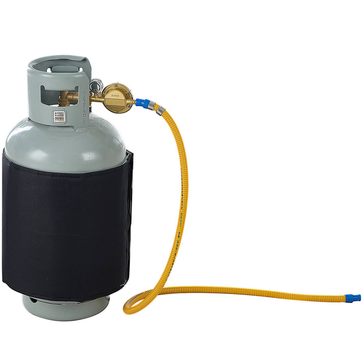 Close-up insulated gas cylinder warmer with gray tank top and yellow connection hose
