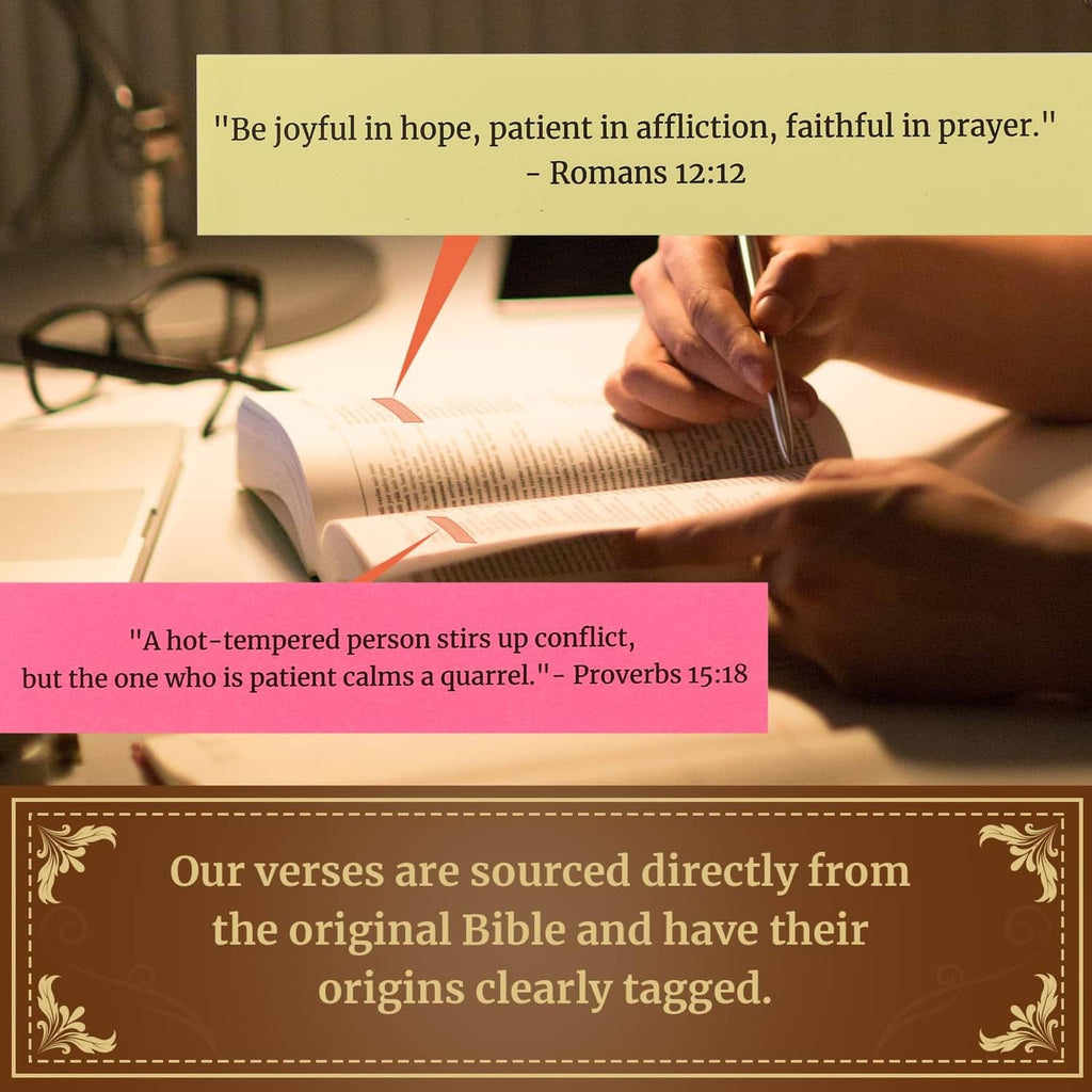Bible verse quote card: “Be joyful in hope… Romans 12:12” with additional proverb quote