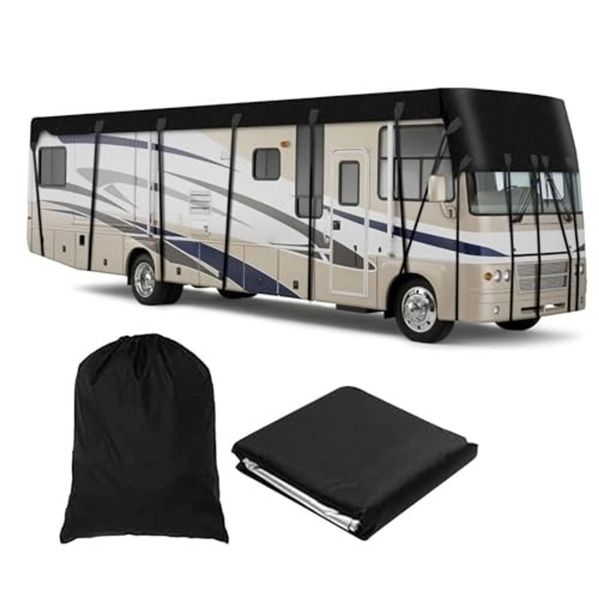 Black RV roof-only cover and storage bag set for wind and rain protection