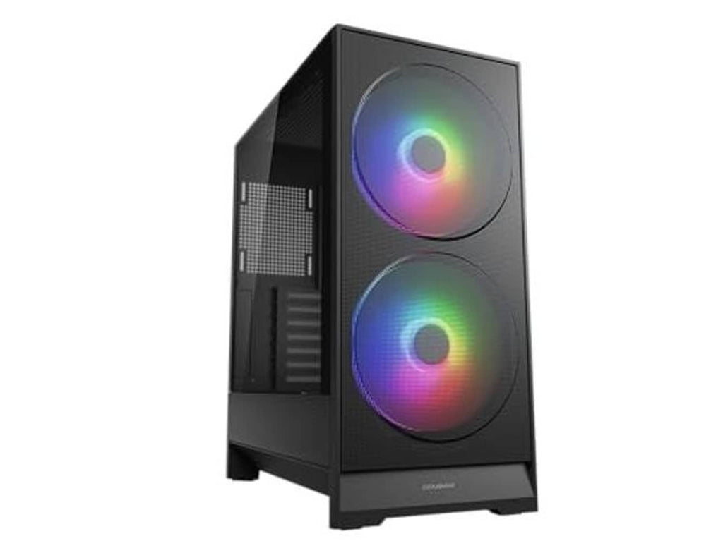 Black ATX mid-tower case with side window and two rainbow RGB fans