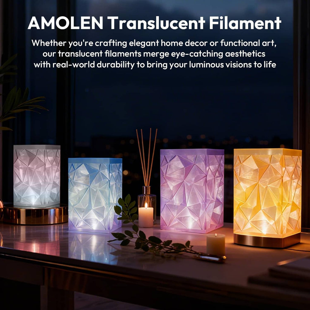 Translucent rainbow PLA filament cubes with glowing amber, pink, and blue tones
