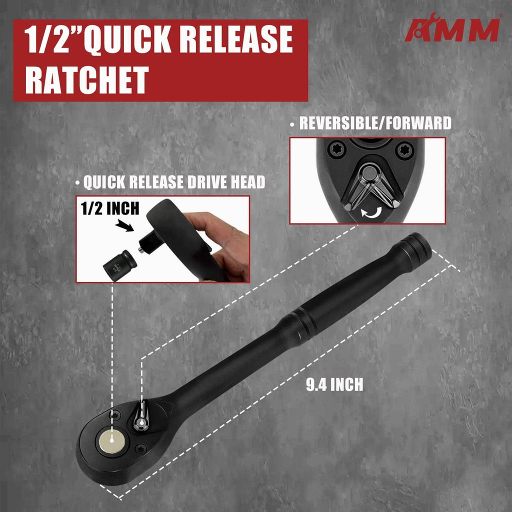 Black 1/2 in quick release impact ratchet with reversible drive head