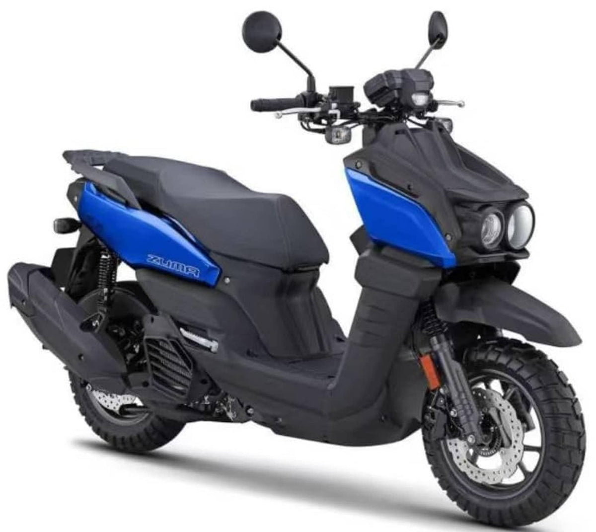 Motorcycle with blue fairing and black seat, showing installed silver footpeg mounts