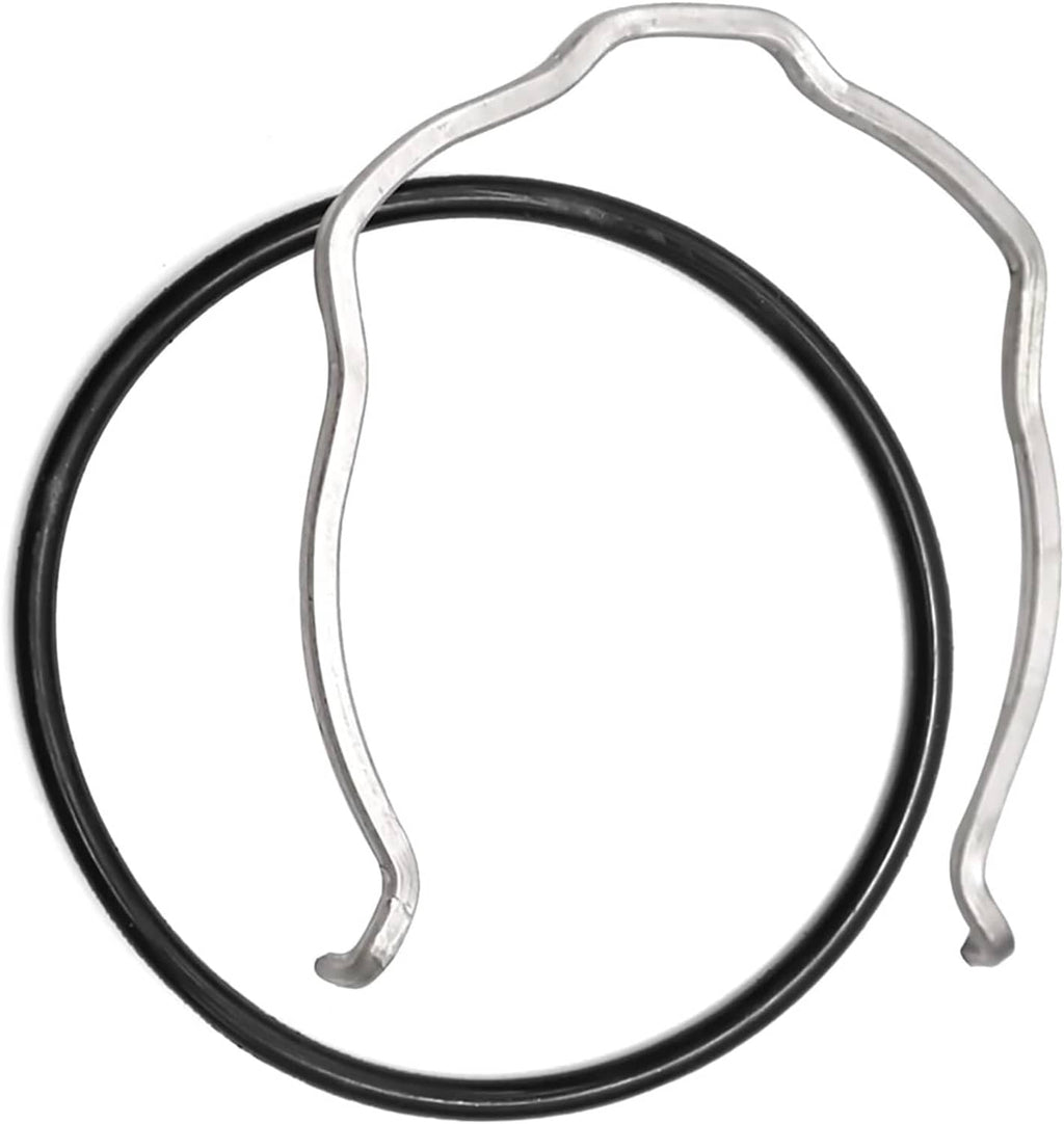 Black O-ring with silver retaining clip and gray gasket, oval shape