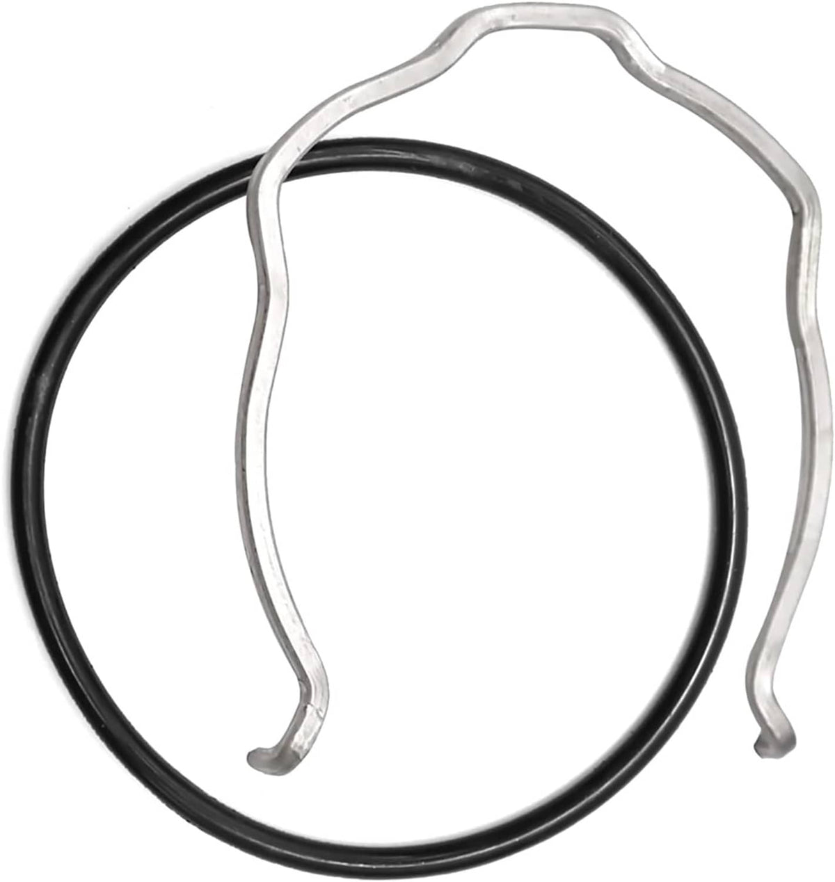 Black O-ring with silver retaining clip and gray gasket, oval shape