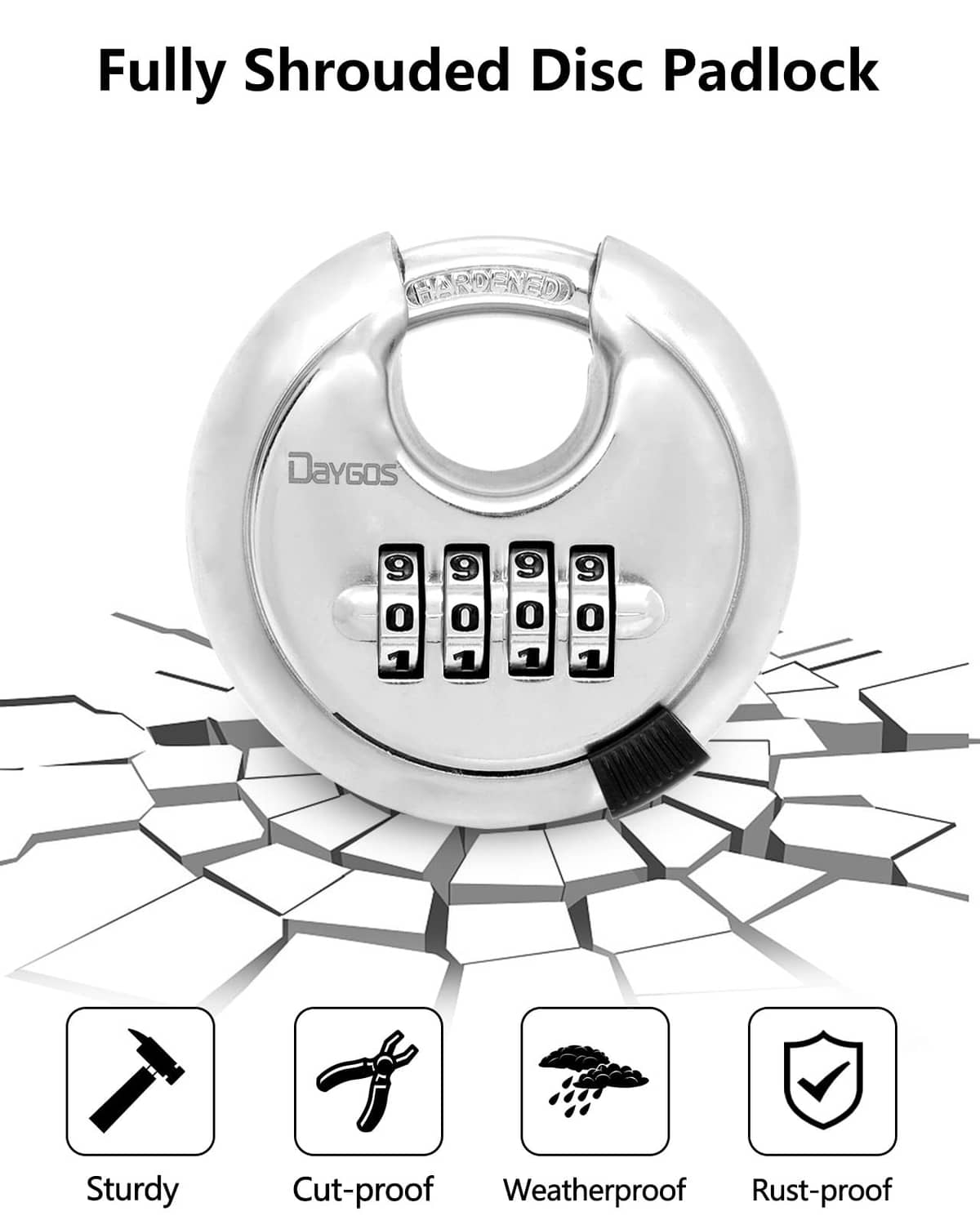Silver fully shrouded disc padlock with 4-digit combination dials