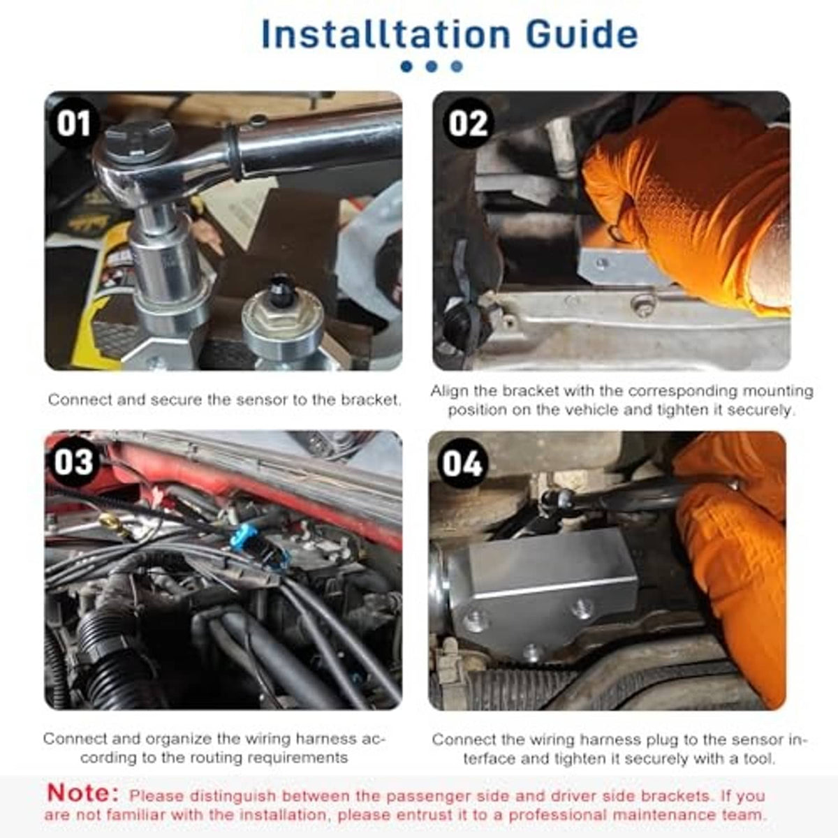 Installation guide graphic for knock sensor relocation bracket kit and wiring harness steps