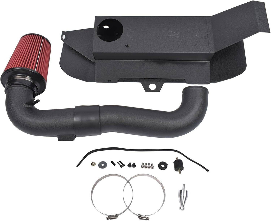 Cold air intake kit with red cone filter, black intake pipe, and installation clamps