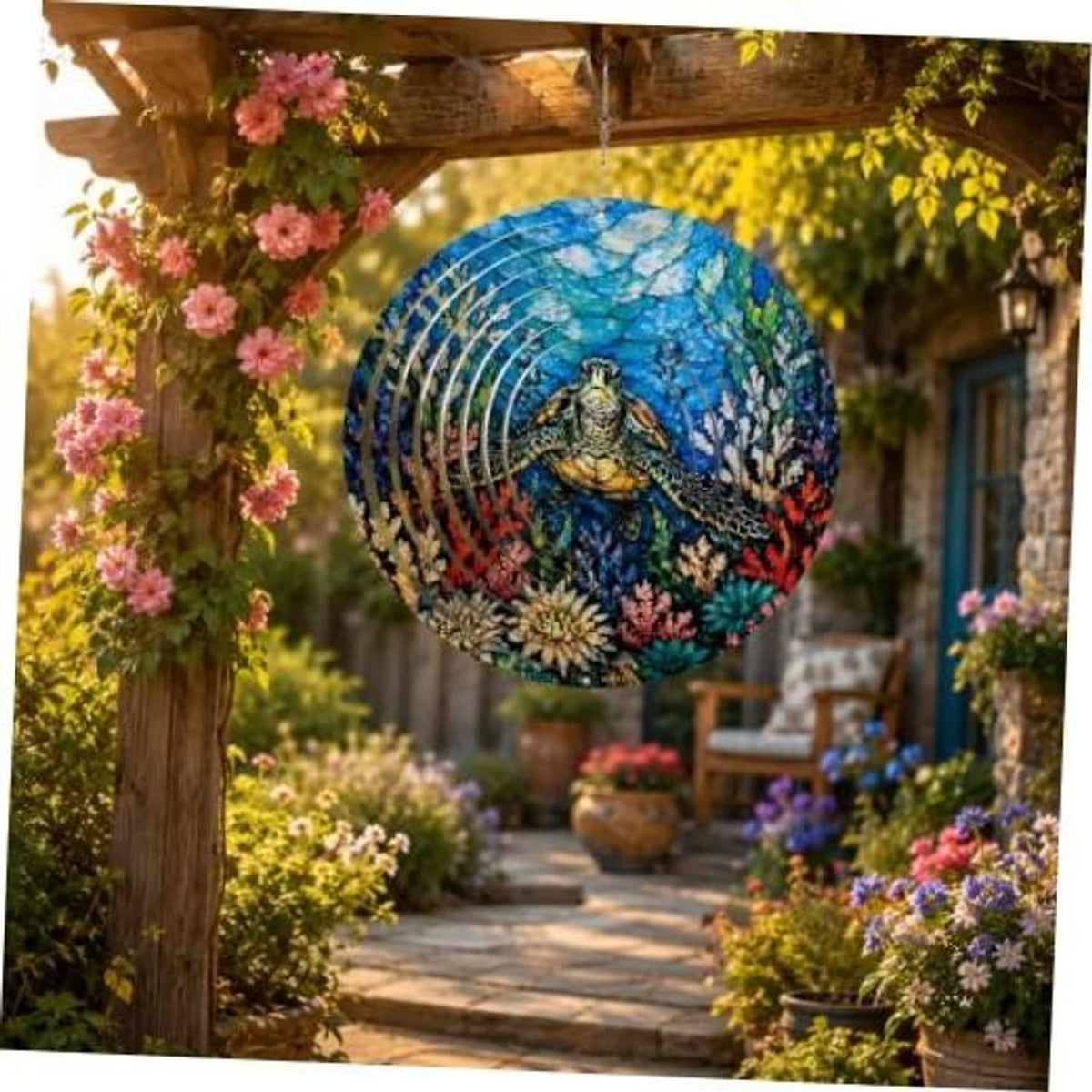 Round sea turtle wind spinner with blue ocean artwork and metal swirl rings, hanging.