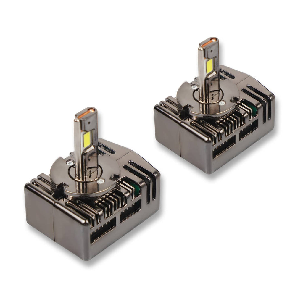 Two D5S LED headlight bulbs with metal housings and vertical LED emitters