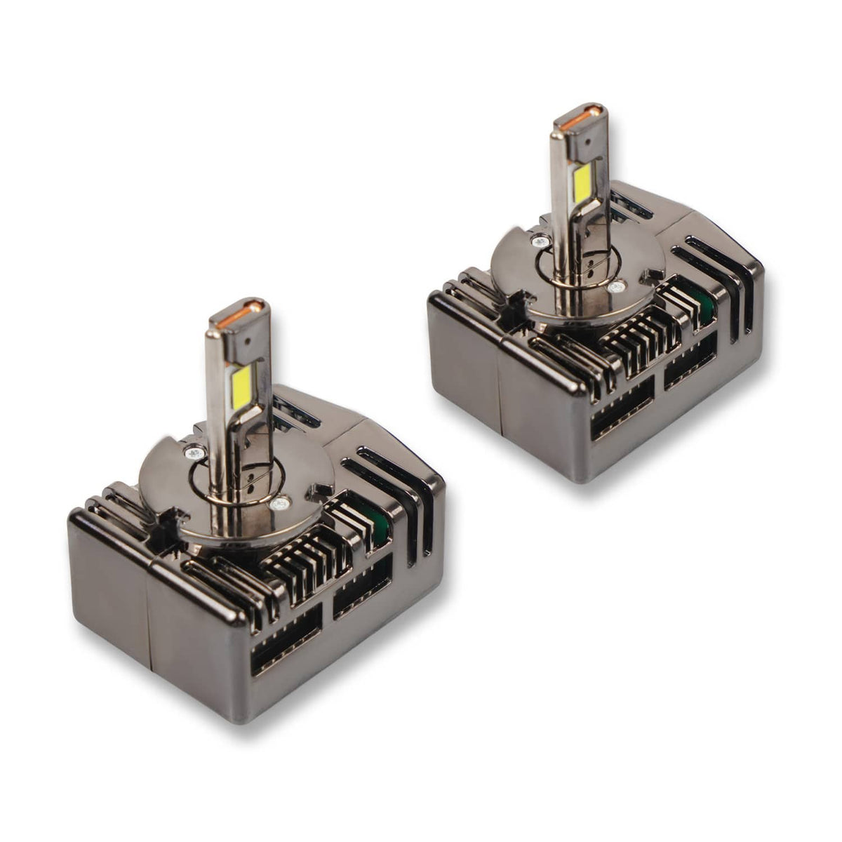 Two D5S LED headlight bulbs with metal housings and vertical LED emitters