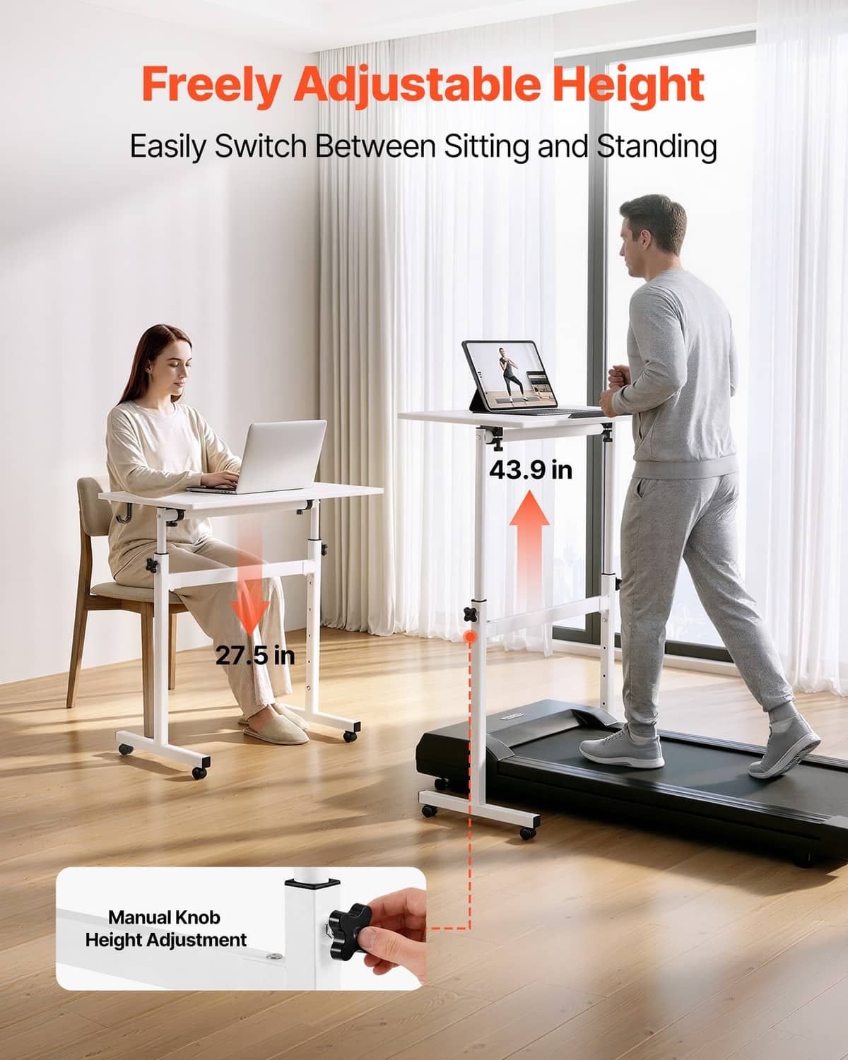 Freely adjustable standing desk showing sitting and standing positions with manual knob