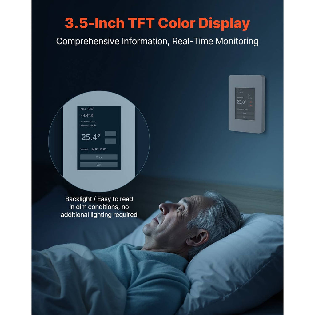 White thermostat with 3.5-inch TFT color display showing temperatures at night