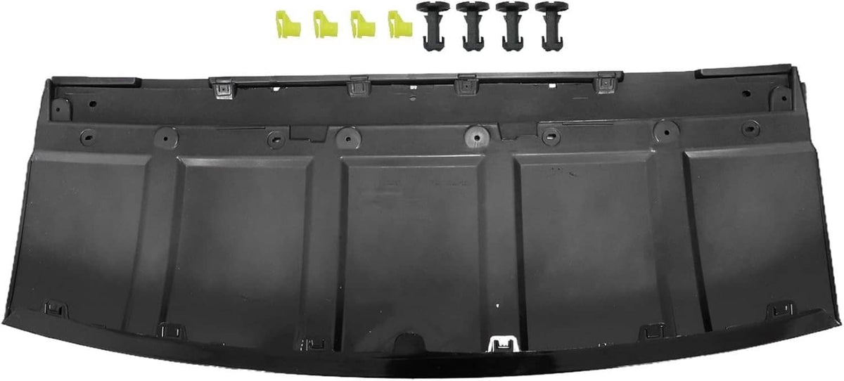 Black underside of front skid plate trim with molded channels and fasteners