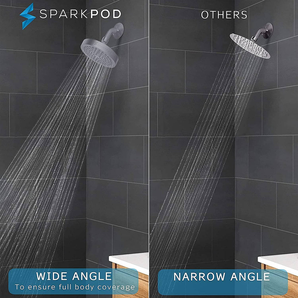 Charcoal grey rain shower head showing wide and narrow spray water patterns