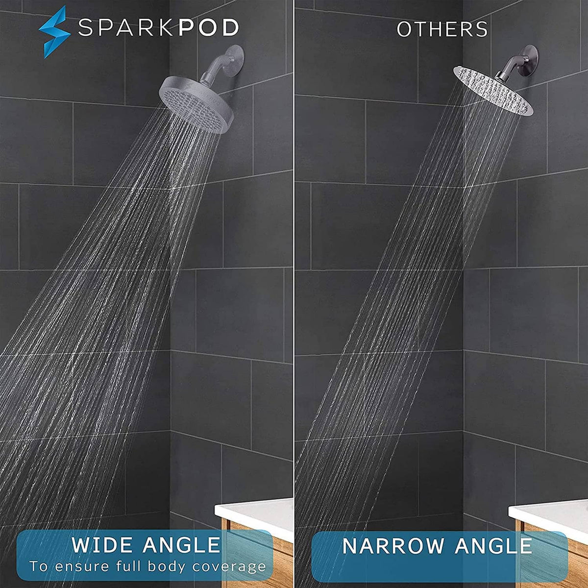 Charcoal grey rain shower head showing wide and narrow spray water patterns