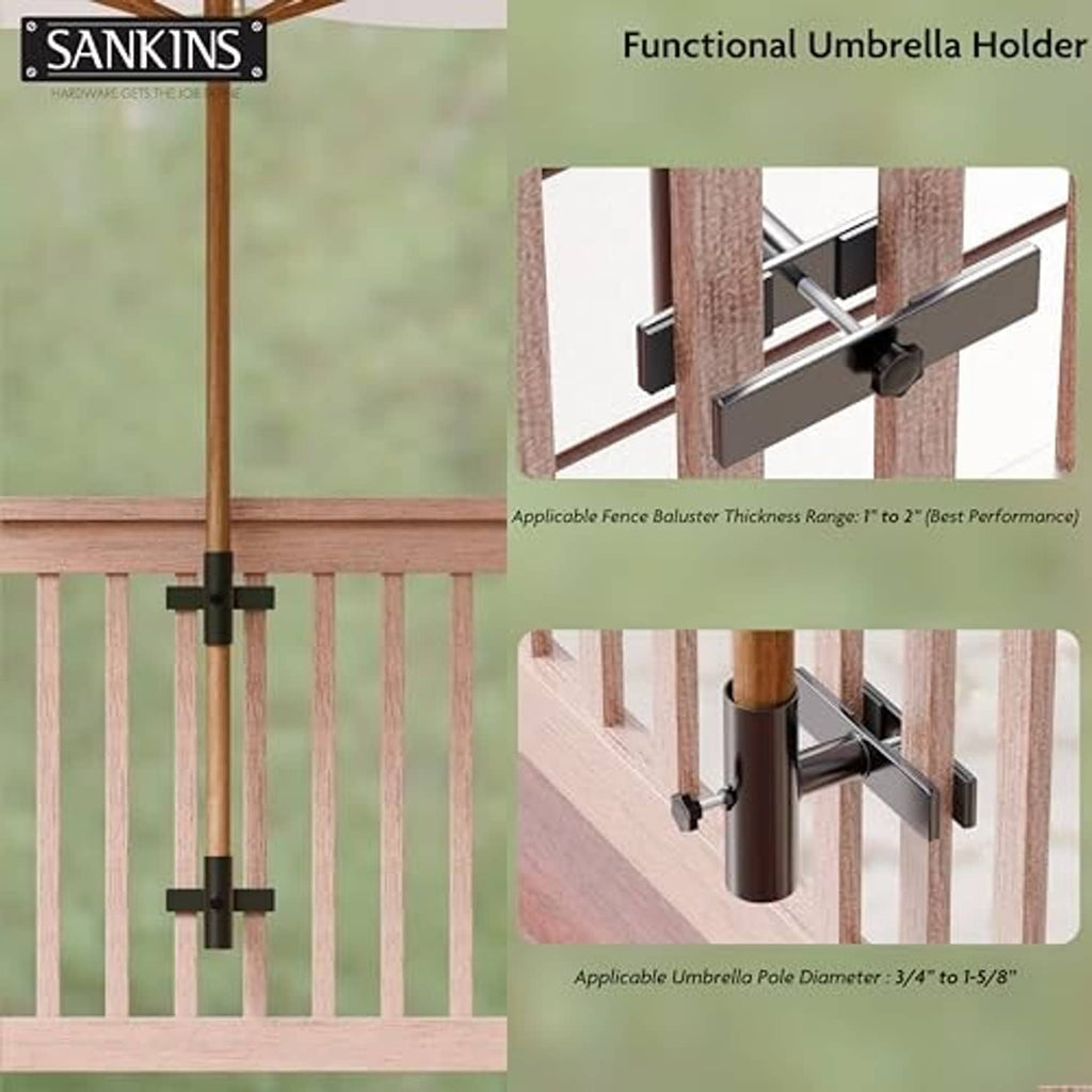 Umbrella holder clamp kit for wooden fence railing with adjustable black pole mount