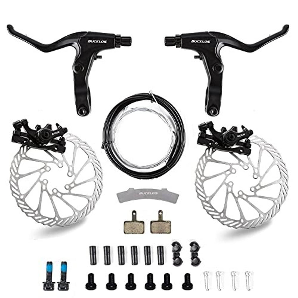 Mountain bike disc brake kit set with two black calipers, two rotors, and accessory hardware