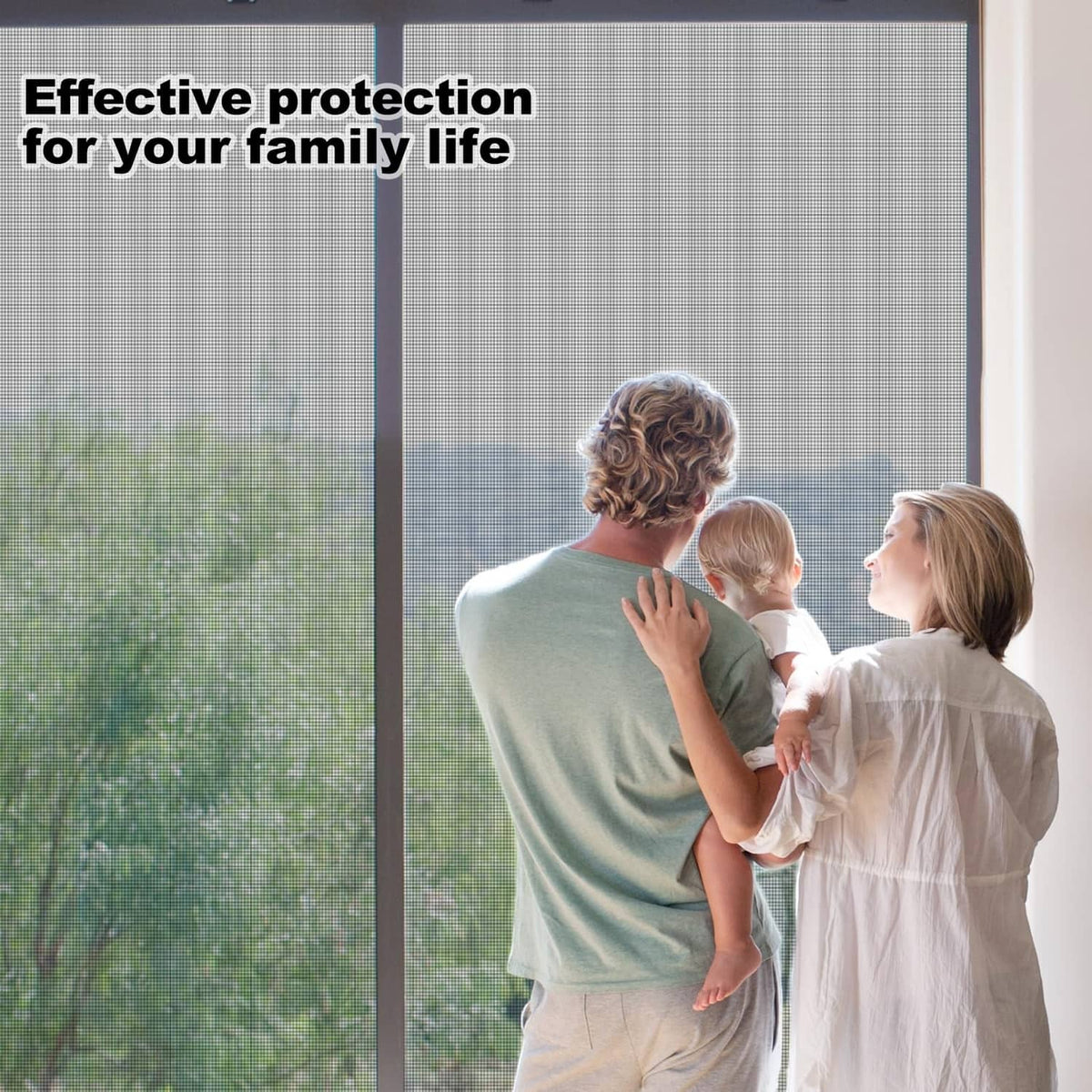 Black window screen mesh covering a window