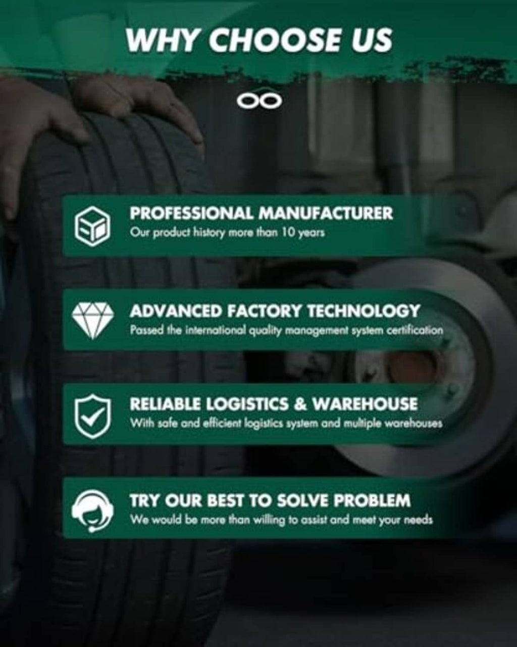 Brake pad set promotional graphic with hands holding tire in background