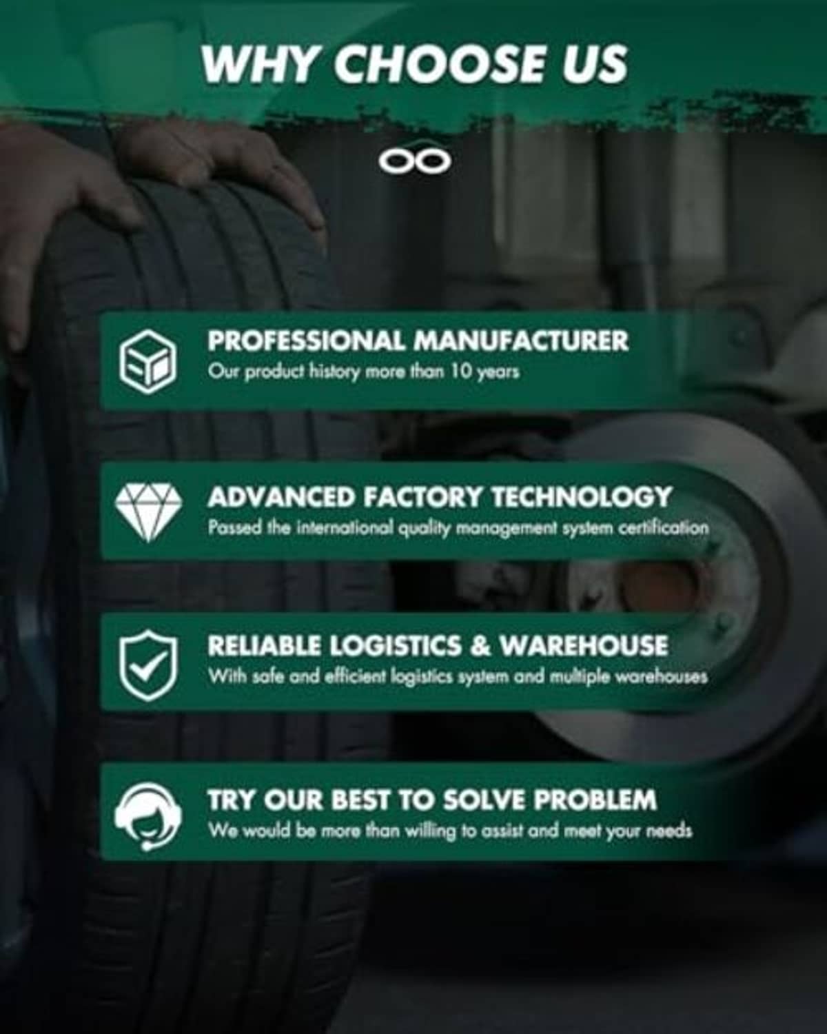 Brake pad set promotional graphic with hands holding tire in background