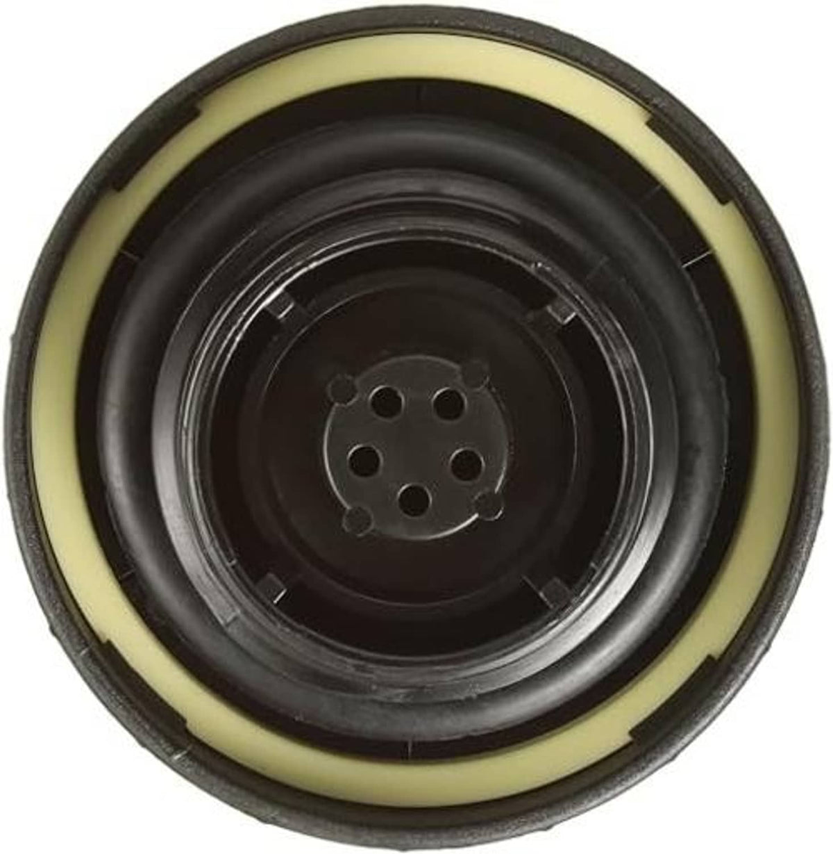 Fuel tank cap underside with black base, pale yellow gasket, and mounting holes