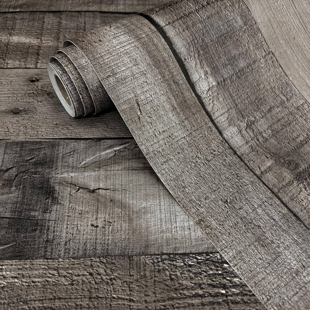 Gray shiplap peel-and-stick wallpaper roll with wood-grain plank pattern
