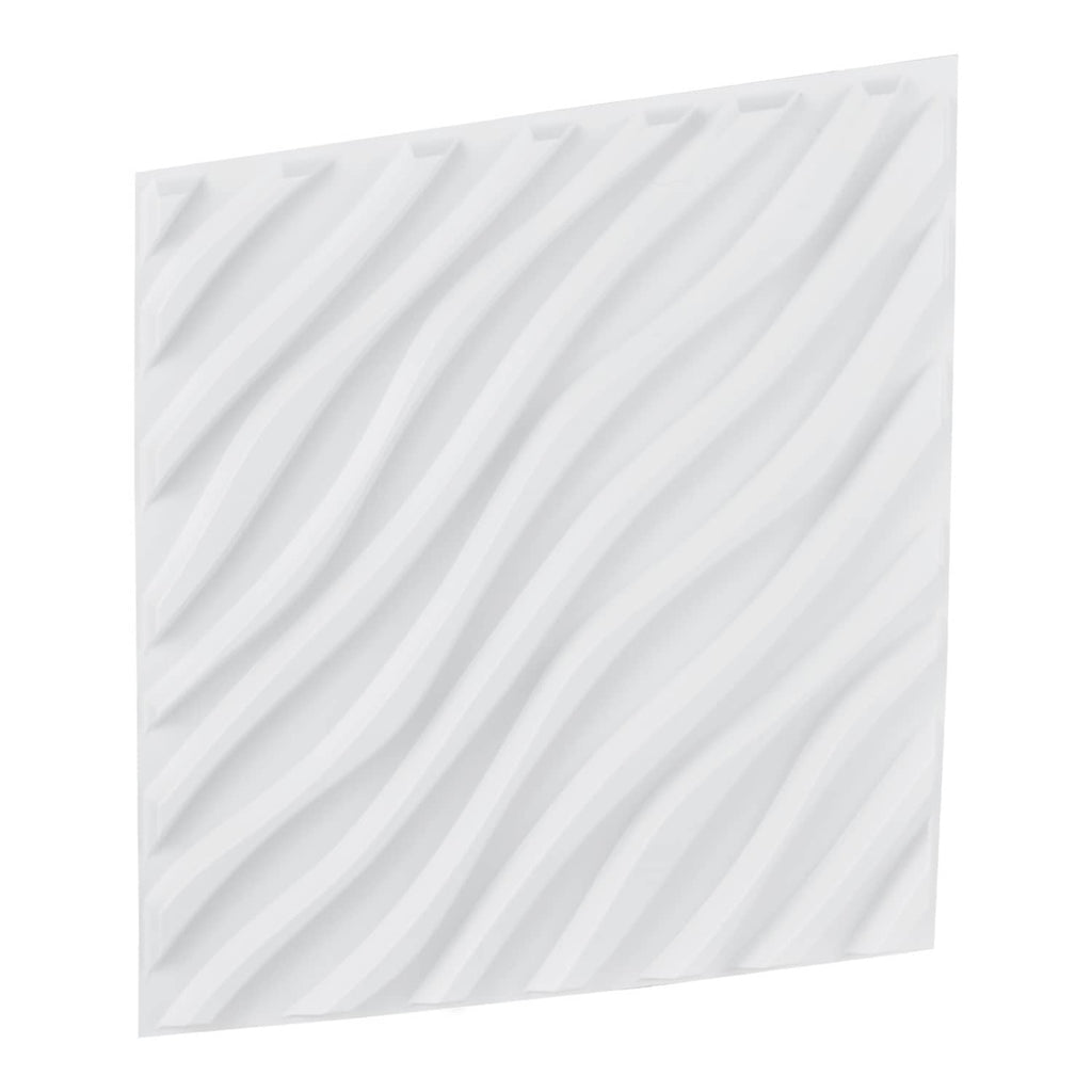 Matte white PVC 3D wave wall panel square tile with pronounced ridged wave pattern.