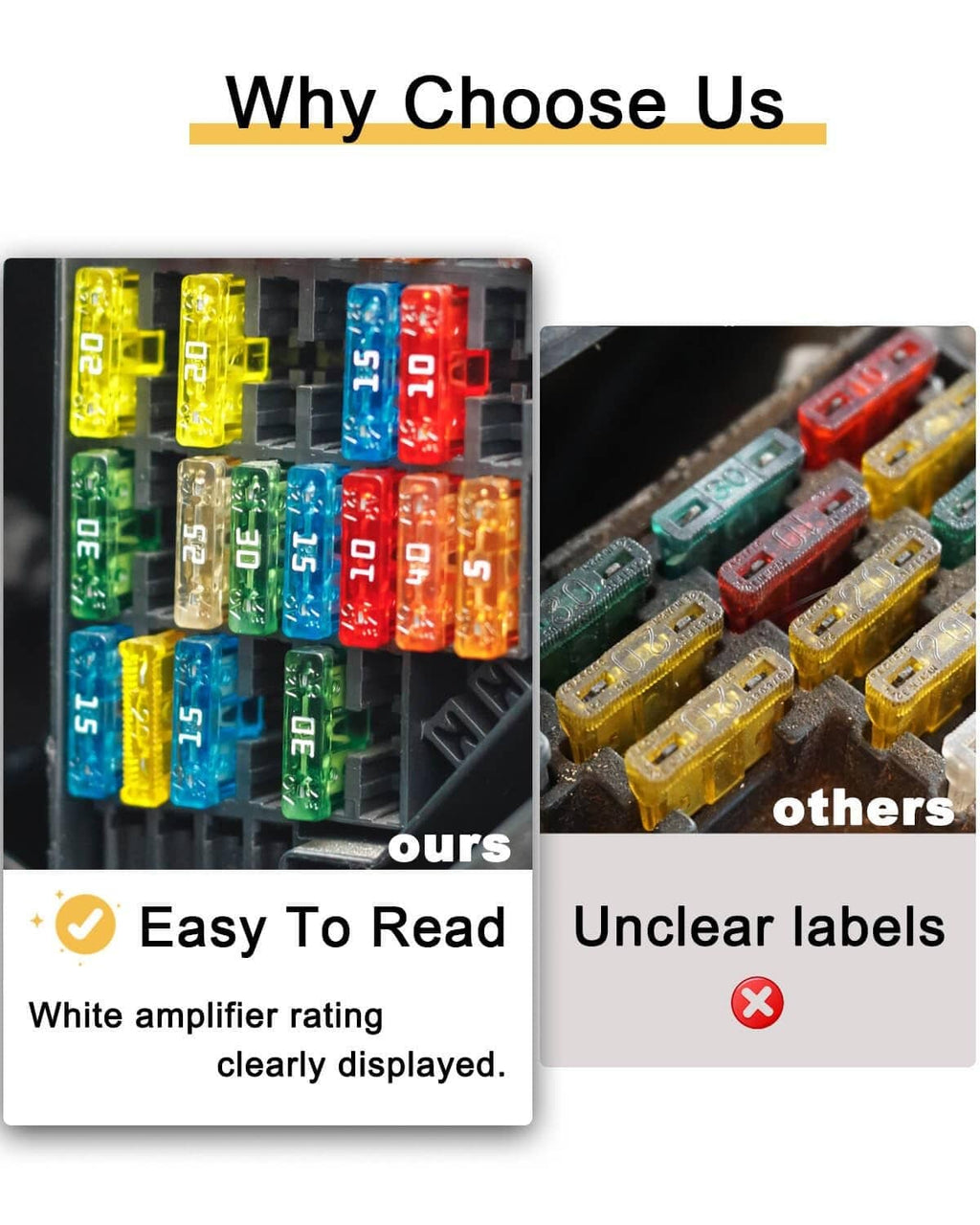 Standard automotive blade fuses in a clear tray, mixed colors with readable ratings
