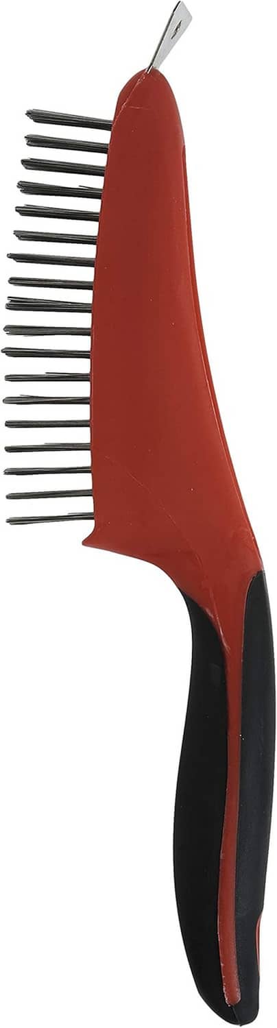 Stainless wire brush with red body and black soft-grip handle, angled side view