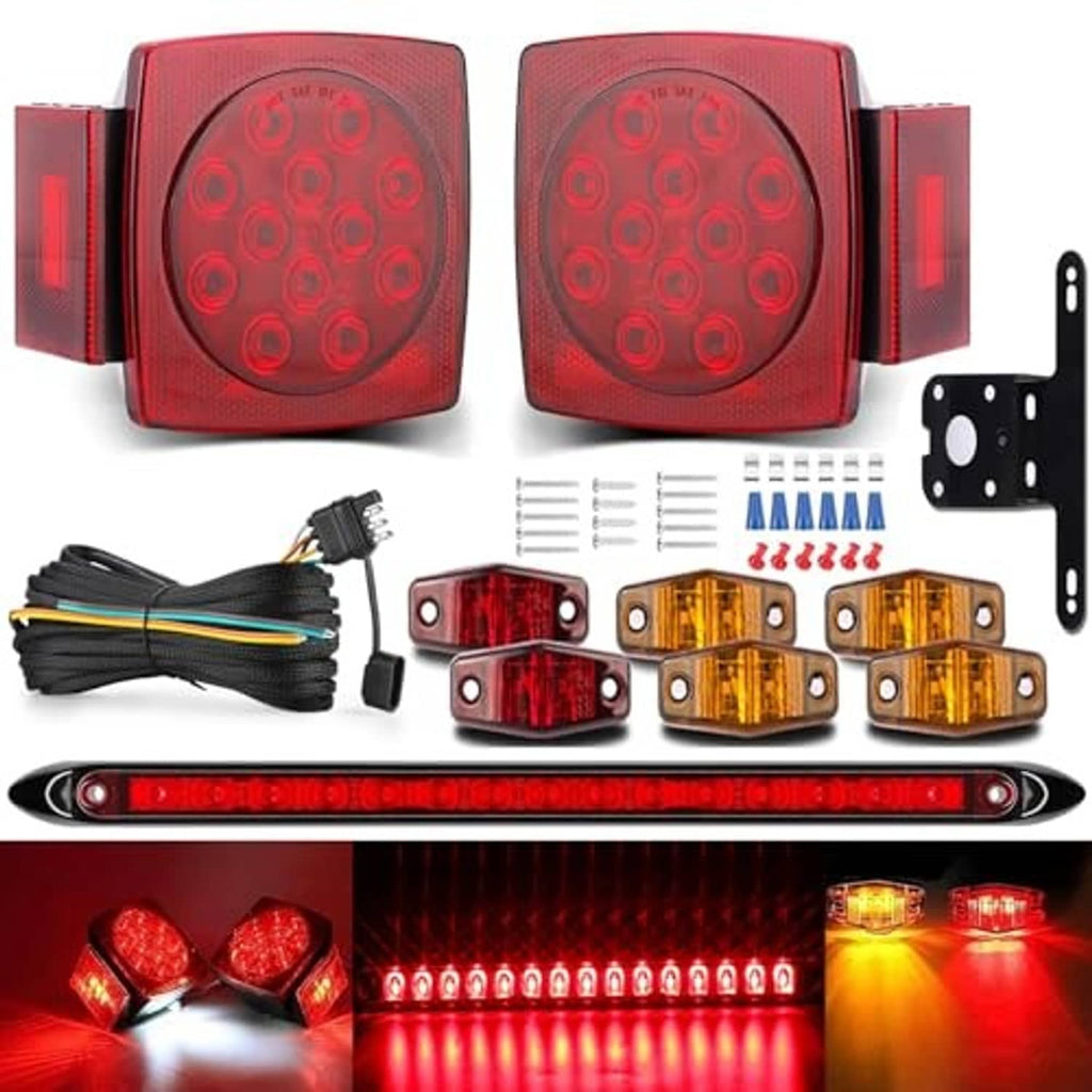 LED trailer light kit featuring red square lamps, amber corner lights, and mounting hardware