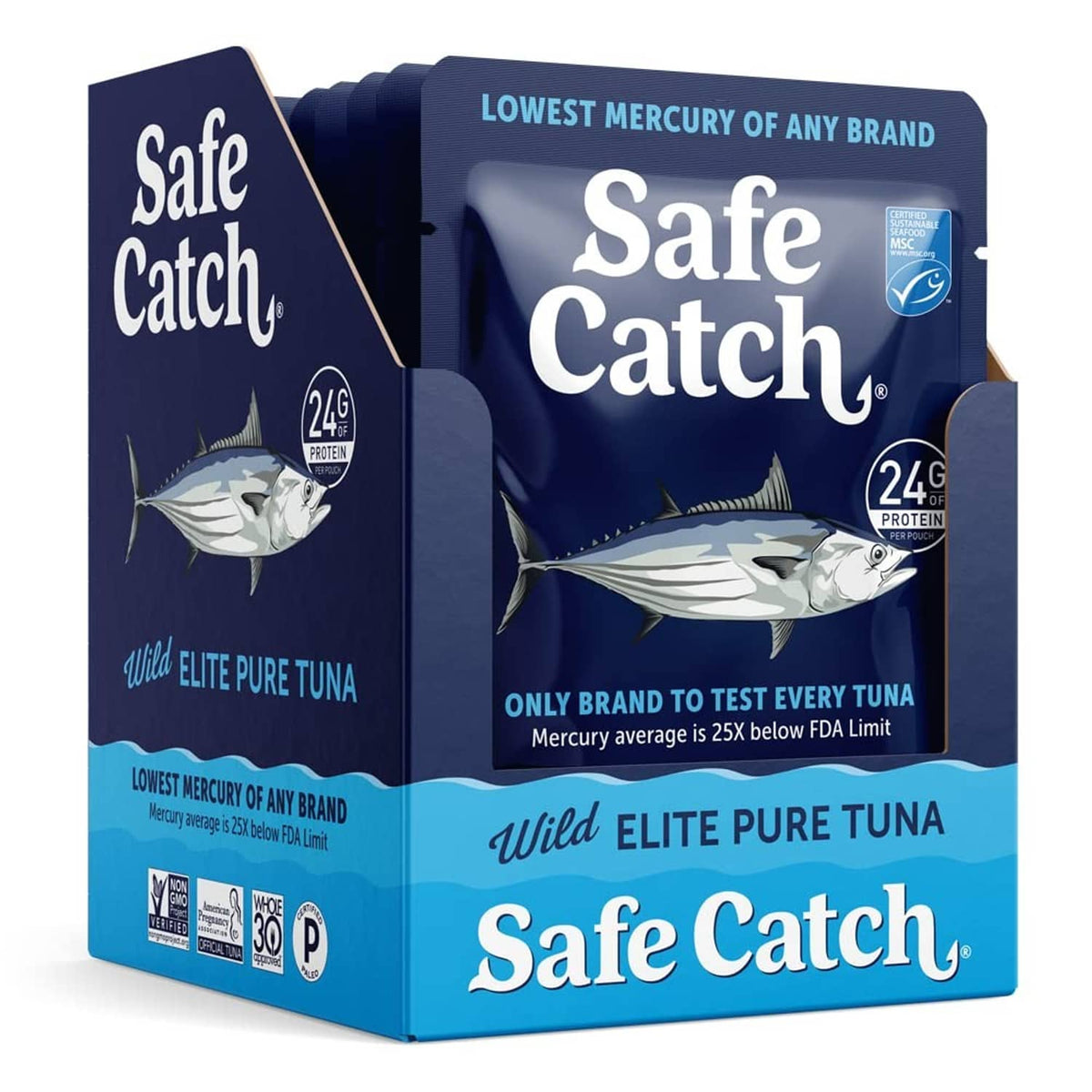 Safe Catch Wild Elite Pure Tuna pouch pack, dark blue pouches stacked